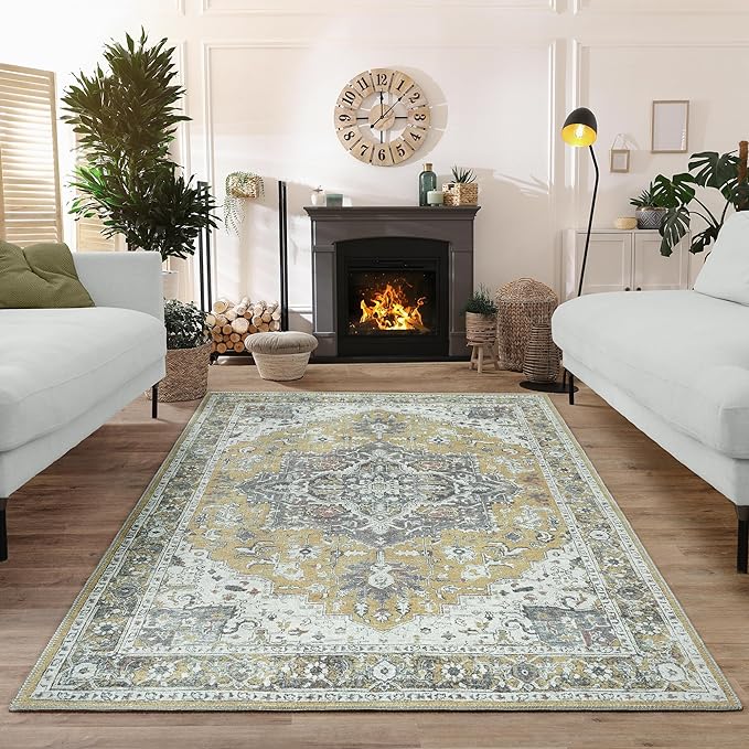 Bloom Rugs Washable Non-Slip 6' x 9' Rug - Yellow Traditional Medallion Area Rug for Living Room, Bedroom, Dining Room, and Kitchen - Exact Size: 6' x 9'