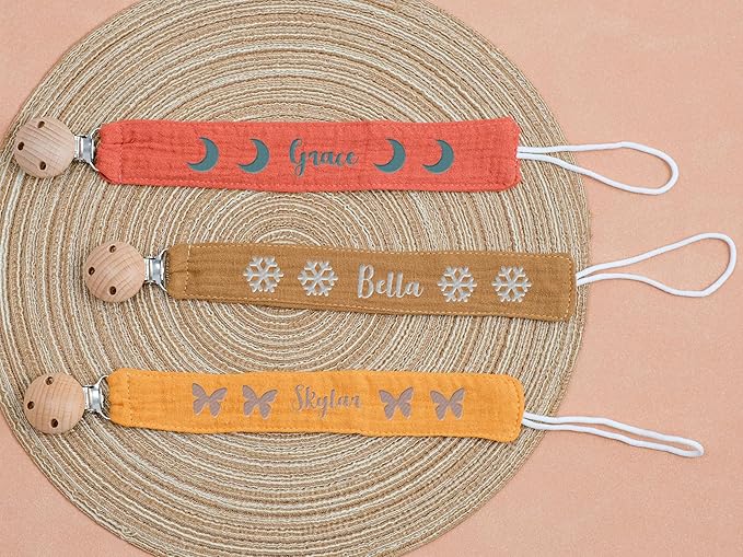 Custom Boho Pacifier Clip Holder with Embroidered Name – A Perfect Personalized Baby Baptism Gifts in Eco-Friendly Bamboo! (Grass Green)