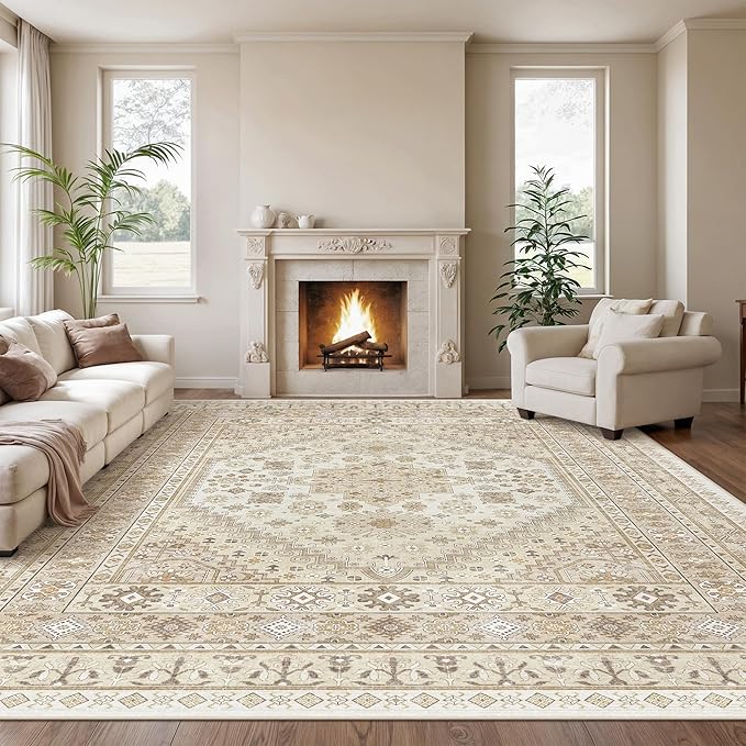 zesthome 12x15 Area Rugs, Large Washable Rug, Ultra-Thin Stain Resistant Rugs for Living Room, Bedroom, Non-Slip Backing Home Decor Area Rug (Cream/Beige,12'x15')