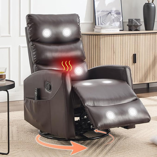 Manual Swivel Rocker Recliner Chair with Massage, Overstuffed Recliner Glider with Vibration Massage and Heat for Nursery, Living Room Reclining Sofa Chair, PU Leather Dark Brown