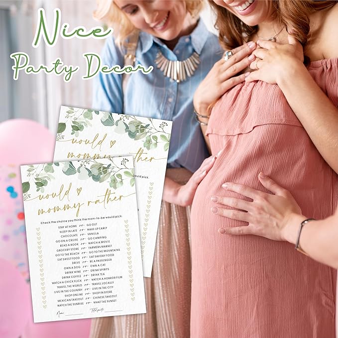 Would Mommy Rather Baby Shower Game Cards - Golden Greenery - 30 Double-Sided Fill In Style Game Cards For Gender Reveal, Baby Announcement, Party Games & Activity - D06