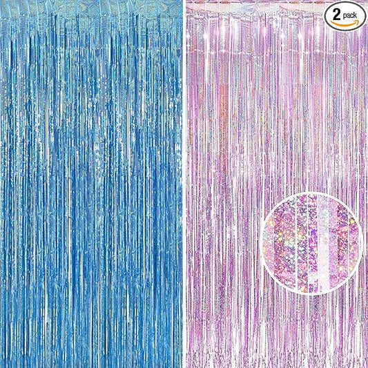 BRAVESHINE Pink Blue Tinsel Foil Fringe Curtains - 2Pcs 3.2x8.2ft Holidays Photo Streamers Backdrop for Easter Girl or Boy Birthdays Bridal Shower Party Supplies Decorations