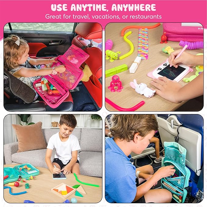 Travel Essentials for Kids – All-in-One Activity Kit for Travel, Road Trip Activities for Kids - Hanging Bag, Includes Toys and Activities for Airplanes, Hotels - Boys & Girls 3+ year, Toddler Seafoam