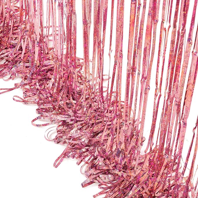 BRAVESHINE Rose-Gold Tinsel Foil Fringe Curtains - 2Pcs 3.2x8.2ft Metallic Holiday Photo Booth Backdrop Party Supplies for Birthdays Valentines Day Bridal Shower Bachelorette Engagement Party