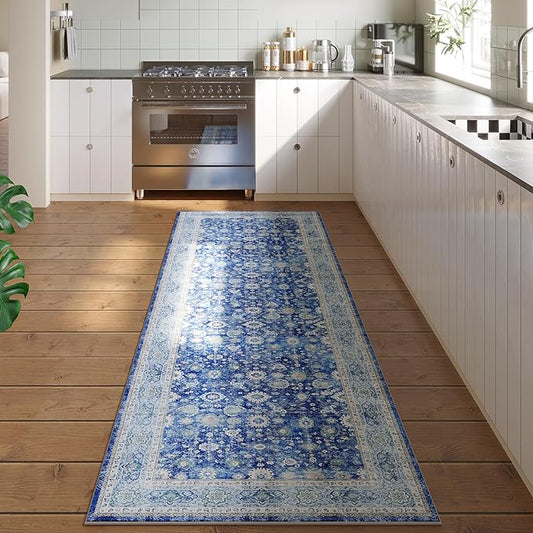 Runner Rug 2'6''x8' Hallway Washable Boho Soft Area Rug Non-Slip Faux Wool Vintage Rug for Kitchen, Entryway, Laundry, Bedroom, Indoor (Blue)