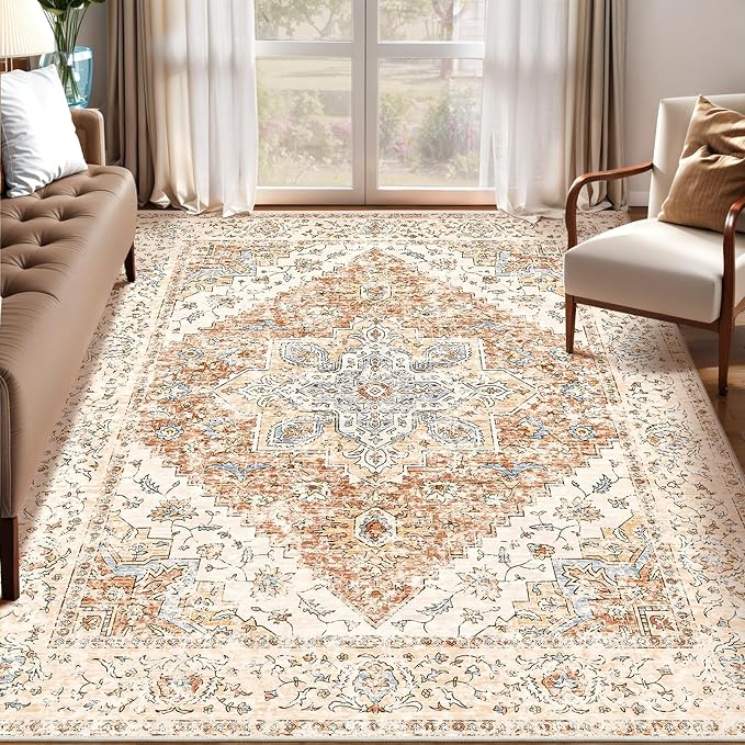 Ciicool 5x7 Area Rugs, Washable Area Rug Boho Rugs for Living Room Non-Slip Indoor Rugs Large Low-Pile Mat Floor Carpet Vintage Rug for Bedroom Office Dinning Foyer Decor