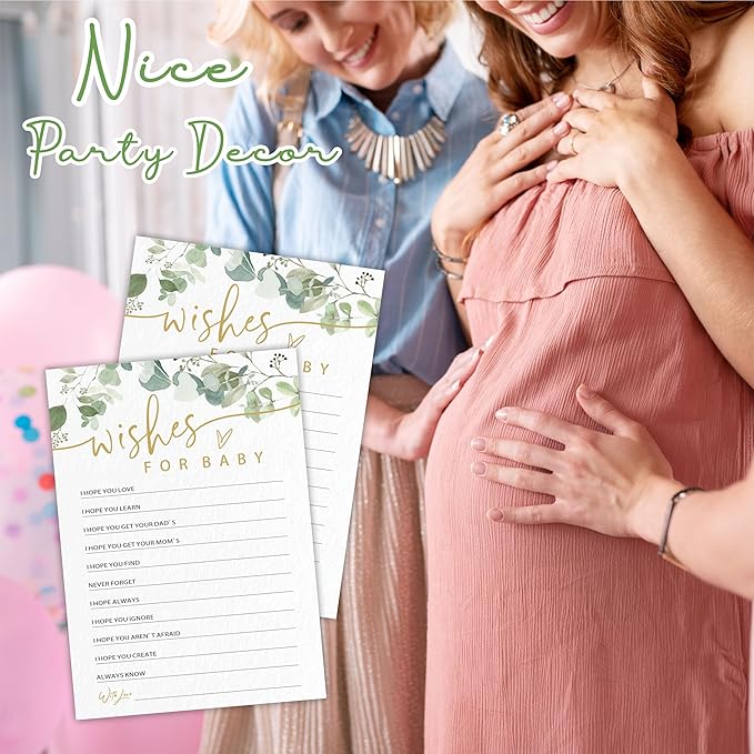 Wishes For Baby - Baby Shower Game Cards - Golden Greenery - 30 Double-Sided Fill In Style Game Cards For Gender Reveal, Baby Announcement, Party Games & Activity - D09