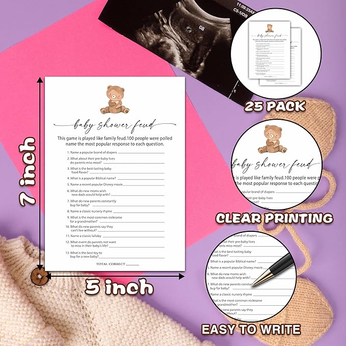 Baby Shower Feud Games Set - Minimalism Party Game Card, Boho Bear Themed Gender Neutral Ideas Activities, Party Supplies & Decorations -A02