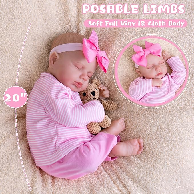 Reborn Baby Dolls 20-Inch Soft Body Realistic Baby Doll That Look Real Life Baby Girl Dolls with Hand-Painted Details Lifelike Sleeping Baby Doll with Clothes Toy Gift Set for Kids Age 3+