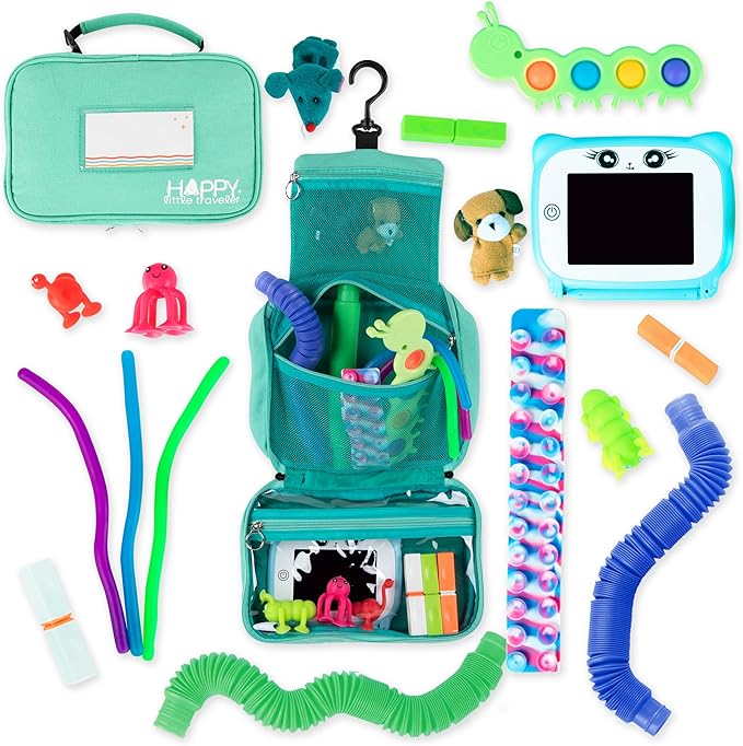 Travel Essentials for Kids – All-in-One Activity Kit for Travel, Road Trip Activities for Kids - Hanging Bag, Includes Toys and Activities for Airplanes, Hotels - Boys & Girls 3+ year, Toddler Seafoam