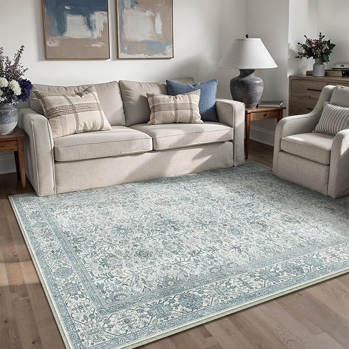 Vintage Area Rug 4x6 Blue Entryway Office Washable Carpet Non Slip Bedroom Indoor Living Room Door Mat Low Pile Traditional Distressed Retro Accent Rug for Dining Room Bathroom Kitchen