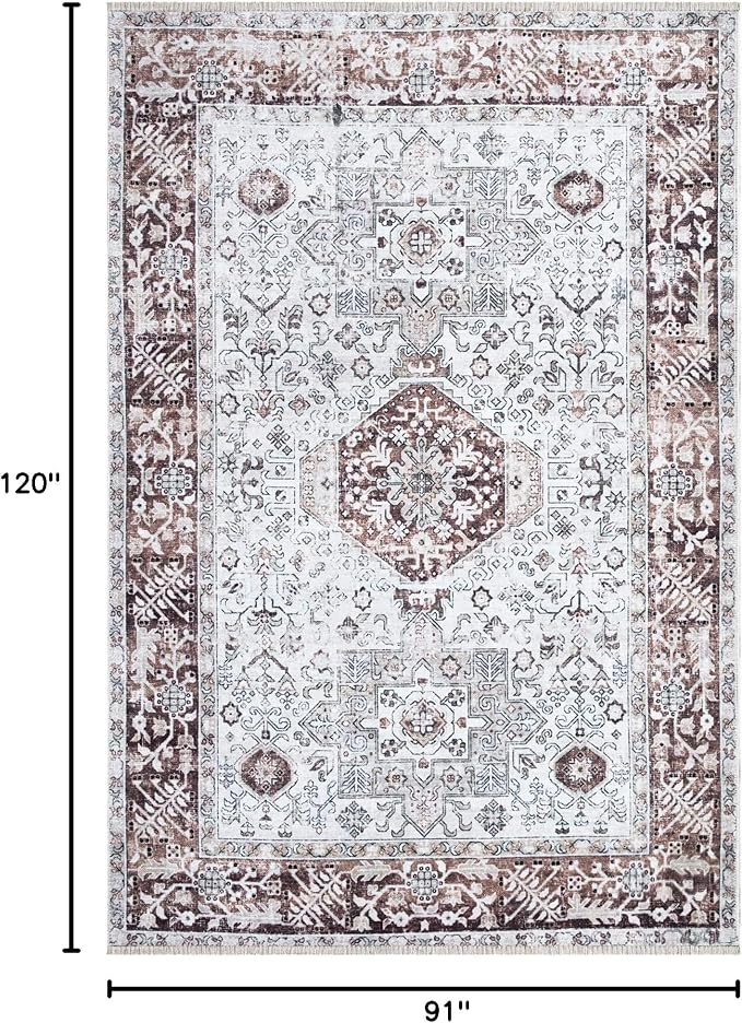 Bloom Rugs Caria Washable Non-Slip 8x10 Rug - Beige/Brown Traditional Area Rug for Living Room, Bedroom, Dining Room, and Kitchen - Exact Size: 7'8" x 10'