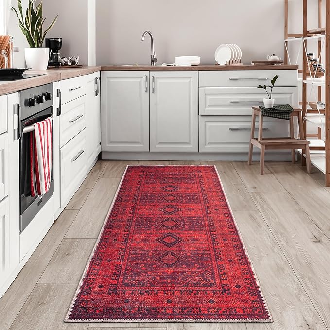 Bloom Rugs Washable Non-Slip 7 ft Runner - Red Traditional Bordered Runner for Entryway, Hallway, Bathroom, and Kitchen - Exact Size: 2.5' x 7'