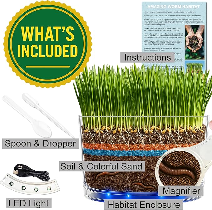 Worm Habitat Kit - Transparent Ecosystem Learning Container for Worm Observation and Soil Layer Studies - Composting Science Projects and Lab Use - Intended for Ages 15 & Older
