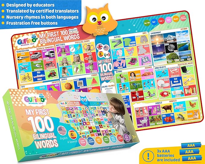 First 100 Words Bilingual Electronic Alphabet Poster – Interactive Learning Chart for Kids | 100 First Words in English & Spanish | Educational Talking Wall Poster