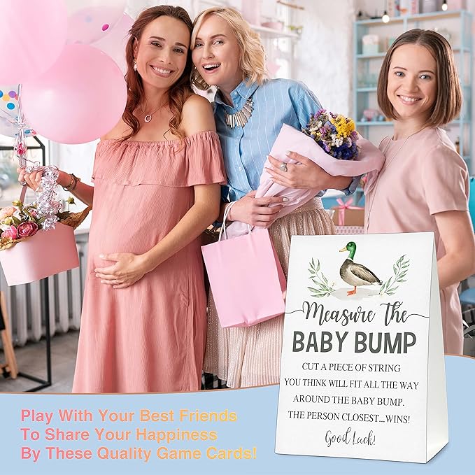 Measure the Baby Bump Baby Shower Game Set, 1 Standing Sign with 50 Guessing Cards, Mallard Duck Gender Reveal Party Decorations Supplies - B35