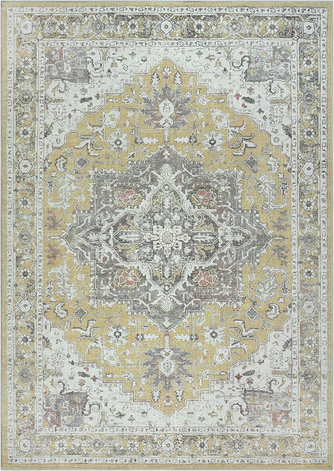 Bloom Rugs Washable Non-Slip 8' x 10' Rug - Yellow Traditional Medallion Area Rug for Living Room, Bedroom, Dining Room, and Kitchen - Exact Size: 8' x 10'