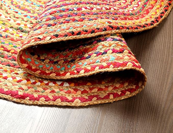 Hausattire Bohemian Braided Rug 4' Round - Multi Color, Circle Farmhouse Jute Cotton Area Rag Rug for Kitchen, Kids Bedroom, Playroom | Colorful Hand Woven Reversible Pet Friendly Carpet