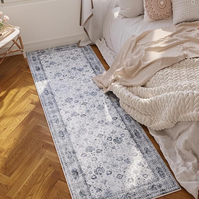 Runner Rug 2'6''x8' Hallway Washable Boho Soft Area Rug Non-Slip Faux Wool Vintage for Kitchen, Entryway, Laundry, Bedroom, Indoor (Grey and White)