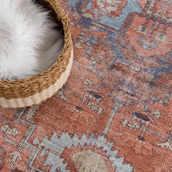 Bloom Rugs Washable 10 ft Runner - Terracotta/Blue Traditional Runner for Entryway, Hallway, Bathroom, and Kitchen - Exact Size: 2.5' x 10'