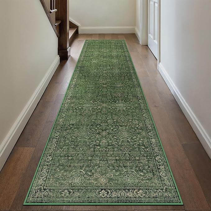 Vintage Runner Rug 2x8 Washable Hallway Carpet Non Slip Long Green Bedroom Low Pile Kitchen Distressed Retro Accent Throw Rug for Bathroom Dining Laundry Living Room