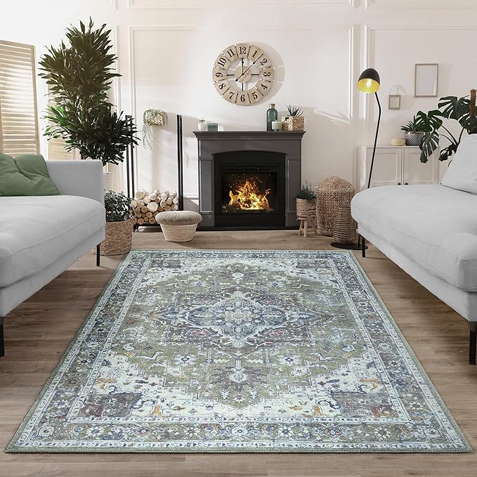 Bloom Rugs Washable Non-Slip 9' x 12' Rug - Green/Blue Traditional Medallion Area Rug for Living Room, Bedroom, Dining Room, and Kitchen - Exact Size: 9' x 12'
