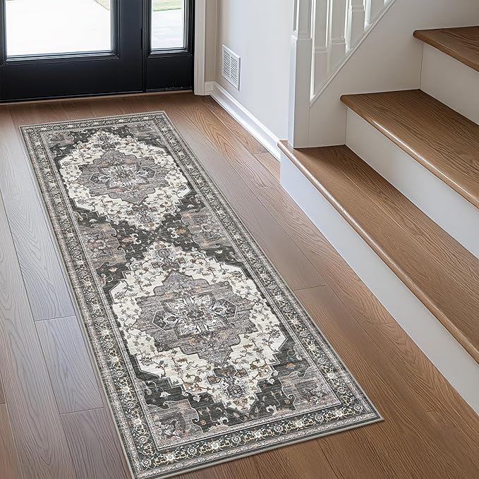 GENIMO 3X8 Hallway Runner Rug, Machine Washable Non Slip Vintage Floral Patchwork Runners, Thin Low Pile Chenille Carpet Runners for Entryway, Kitchen, Bathroom, Bedroom, Slate Gray