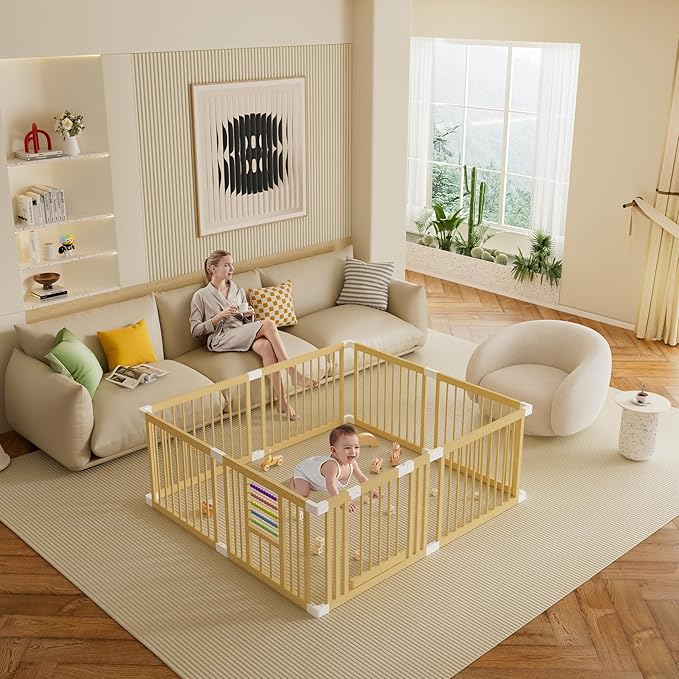 Baby Playpen with Gate, Wooden Playpen for Babies and Toddlers, Baby Play Yard with Colorful Acrylic Beads, Baby Fence Play Area with Suction Cups, Extra Large Play Pen Area Indoor(71 * 63 * 24Inch)