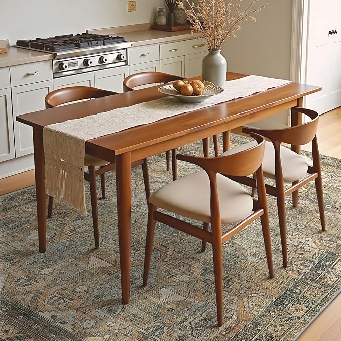 GENIMO 4x6 Area Rugs for Living Room, Machine Washable Non Slip Vintage Rugs, Low Pile Lightweight Chenille Print Rug for Bedroom, Dining Room, Home Office, Warm Taupe