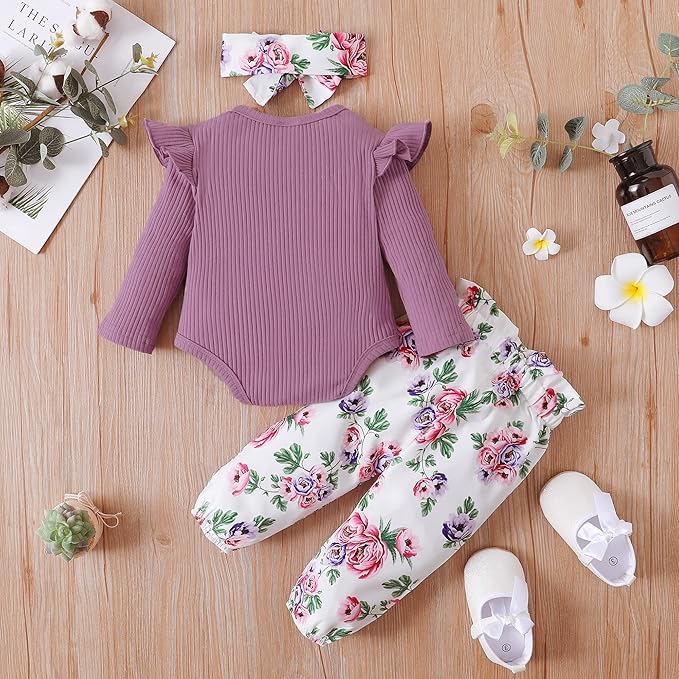 DISAUR Baby Girls Clothes Newborn Infant Baby Girls Outfit Long Sleeve Ruffle Romper Floral Pants Headband Sets 0-18 Months