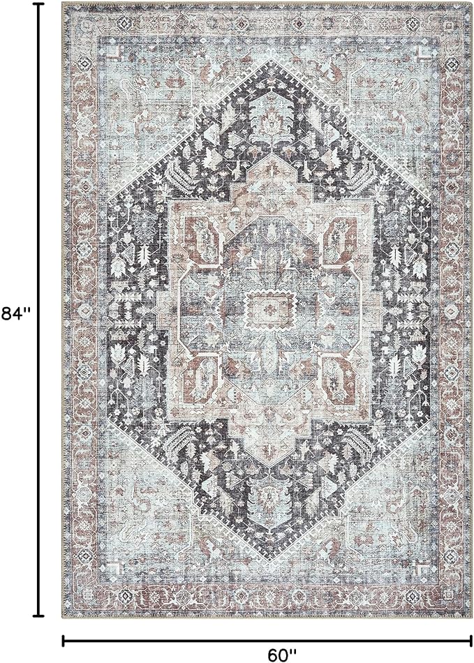 Bloom Rugs Washable Non-Slip 5' x 7' Rug - Charcoal/Brown Traditional Medallion Area Rug for Living Room, Bedroom, Dining Room, and Kitchen - Exact Size: 5' x 7'
