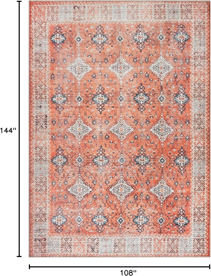 Bloom Rugs Washable Non-Slip 9' x 12' Rug - Orange Traditional Bordered Area Rug for Living Room, Bedroom, Dining Room, and Kitchen - Exact Size: 9' x 12'