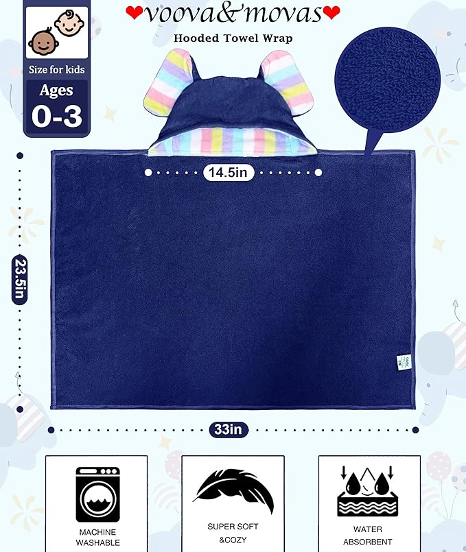 VOOVA & MOVAS Baby Hooded Bath Towel - 100% Cotton, 33x23.5 Inches,0-3Years, Super Absorbent Large Towel with Cute Elephant Ears Hood for Newborn, Baby, Toddler,Navy
