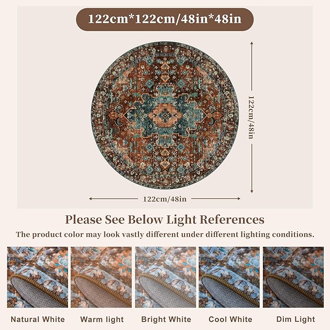 Ciicool Boho Area Rug 4x4ft Round Washable Bedroom Non-Slip Vintage Entryway Throw Low-Pile Indoor Carpet for Living Room Foyer(Brick Red/Dull Teal)