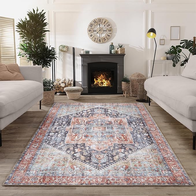 Bloom Rugs Washable Non-Slip 6' x 9' Rug - Terracotta/Blue Traditional Medallion Area Rug for Living Room, Bedroom, Dining Room, and Kitchen - Exact Size: 6' x 9'