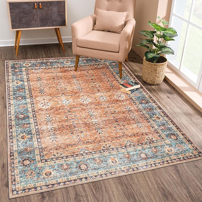 Bloom Rugs Washable Non-Slip 6' x 9' Rug - Orange/Teal Blue Traditional Bordered Area Rug for Living Room, Bedroom, Dining Room, and Kitchen - Exact Size: 6' x 9'