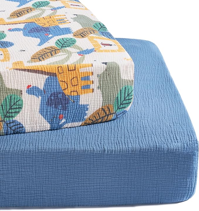 TILLYOU Muslin Crib Sheets for Boys and Girls 2 Pack, Neutral Soft Cotton Baby Crib Mattress Protector, for 52x 28 Toddler Bed, Animal Geometry & Blue