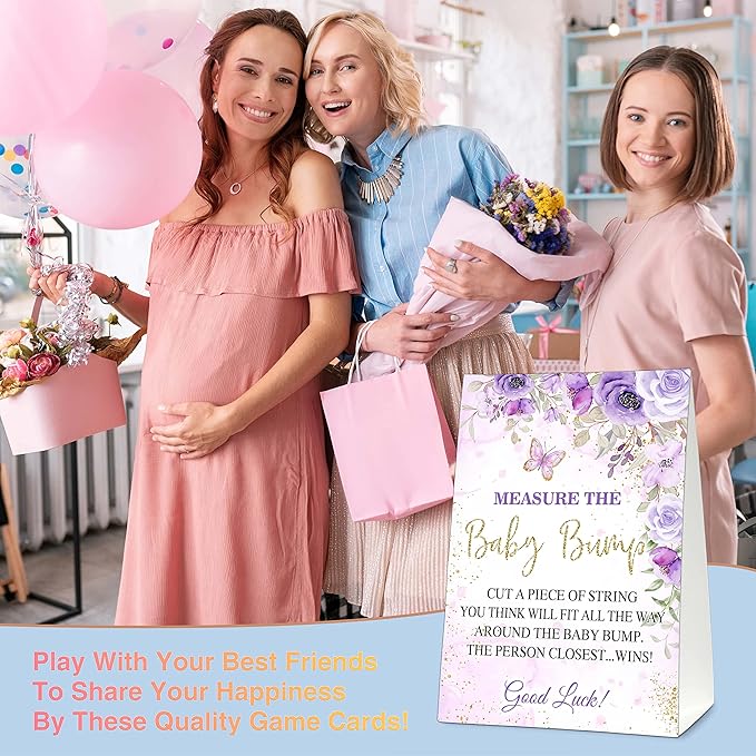 Measure the Baby Bump Baby Shower Game Set, 1 Standing Sign with 50 Guessing Cards, Butterfly Gender Reveal Party Decorations Supplies - B03