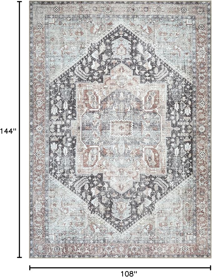 Bloom Rugs Washable Non-Slip 9' x 12' Rug - Charcoal/Brown Traditional Medallion Area Rug for Living Room, Bedroom, Dining Room, and Kitchen - Exact Size: 9' x 12'