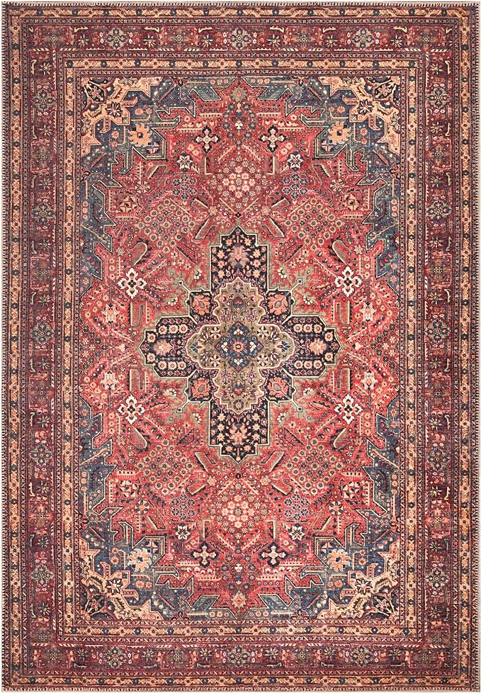 Bloom Rugs Washable Non-Slip 6' x 9' Rug - Red/Teal Blue/Yellow Traditional Medallion Area Rug for Living Room, Bedroom, Dining Room, and Kitchen - Exact Size: 6' x 9'