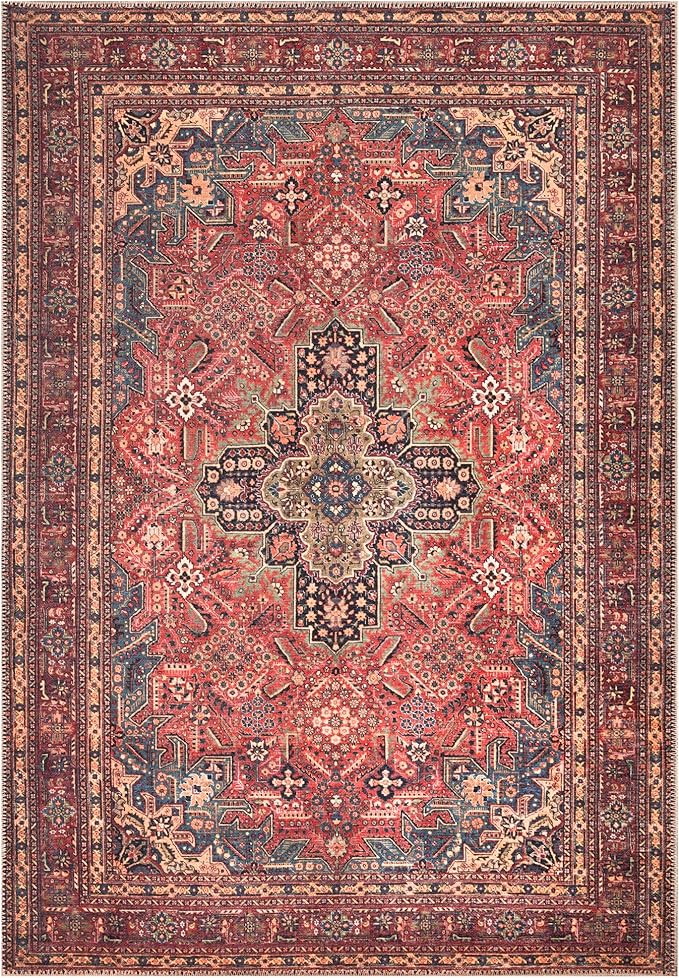 Bloom Rugs Washable Non-Slip 9' x 12' Rug - Red/Teal Blue/Yellow Traditional Medallion Area Rug for Living Room, Bedroom, Dining Room, and Kitchen - Exact Size: 9' x 12'