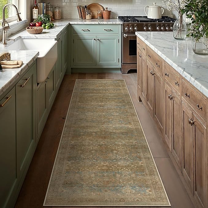 Vintage Runner Rug 2x6 Washable Hallway Carpet Non Slip Brown Bedroom Low Pile Kitchen Distressed Retro Accent Throw Rug for Bathroom Dining Laundry Living Room
