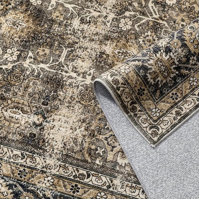 Vintage Area Rug 12x15 Brown Washable Living Room Large Carpet Non Slip Bedroom Indoor Office Low Pile Traditional Distressed Retro Accent Rug for Dining Room