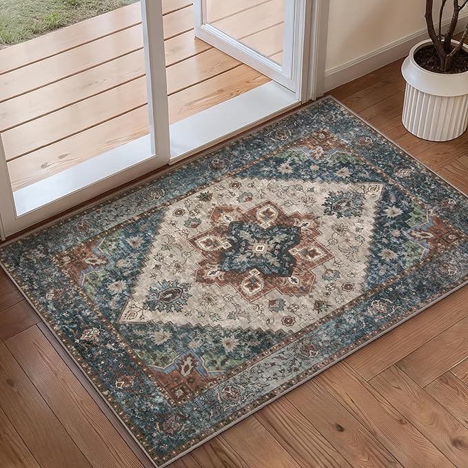Ciicool Washable Vintage Area Rug, 2x3ft Small Boho Rug, Ultra Soft Rugs for Entryway, Non-Slip Entry Rugs Oriental Low-Pile Indoor Mat Floor Carpet for Entrance Bedroom Kitchen Bathroom Foyer Decor