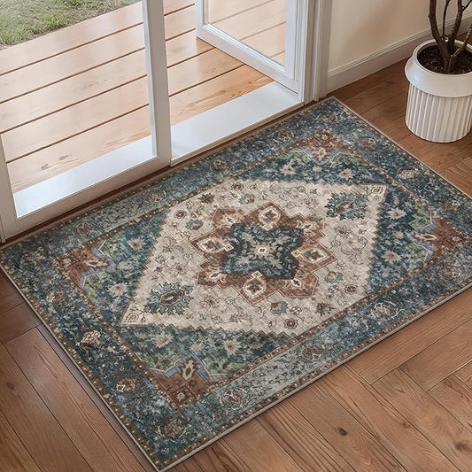 Ciicool Washable Vintage Area Rug, 2x3ft Small Boho Rug, Ultra Soft Rugs for Entryway, Non-Slip Entry Rugs Oriental Low-Pile Indoor Mat Floor Carpet for Entrance Bedroom Kitchen Bathroom Foyer Decor