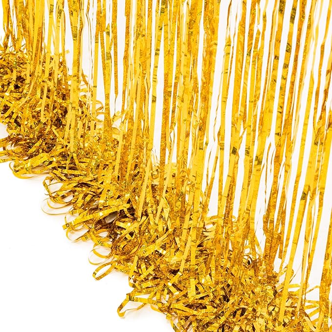 BRAVESHINE Gold Tinsel Foil Fringe Curtains - 2Pcs 3.2x8.2ft Holidays Photo Backdrop for Men 60th Birthdays/Bridal Wedding/Engagement/Anniversary/Hawaiian/Luau/Christmas/New Years Party Decorations