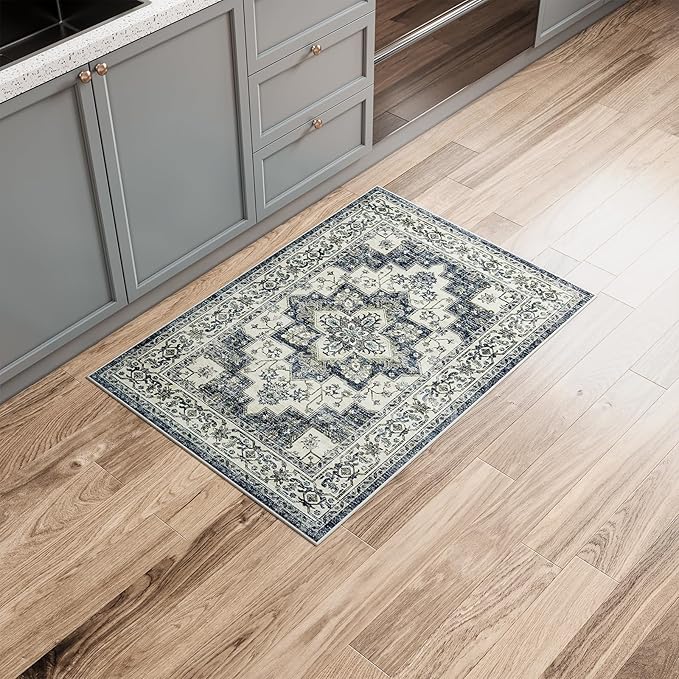 Dripex Vintage Washable Area Rug - 2x4 Indoor Door Mat Oriental Medallion Accent Throw Rug Distressed Foldable Non-Slip Low-Pile Bathroom Kitchen Rug for Entryway Laundry Room Living Room Bedroom