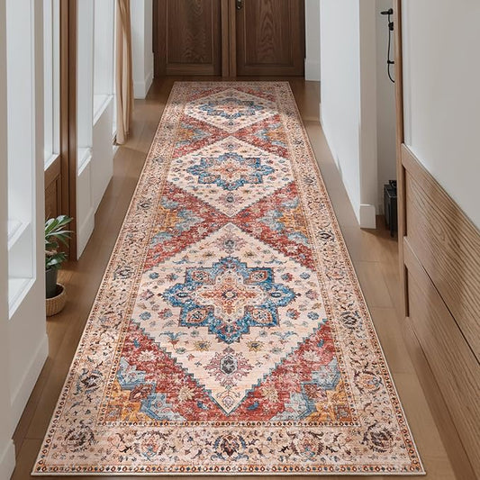 Ciicool Washable Vintage Runner Rug - 2'6" x 10' ft Hallway Carpet, Boho Low Pile Long Non Slip Soft Stair Runner Kitchen Carpet Indoor Oriental Throw for Living Room Bathroom Entry