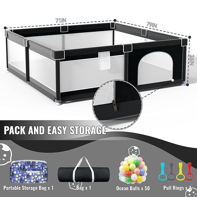 LUTIKIANG Playpen, 79" X 71" Extra Large Playpen, Play Pen for Babies and Toddlers, Kids Play Pen, Sturdy Safety Play Yard, Baby Fence with gate, Play Pin for Toddler (Black)