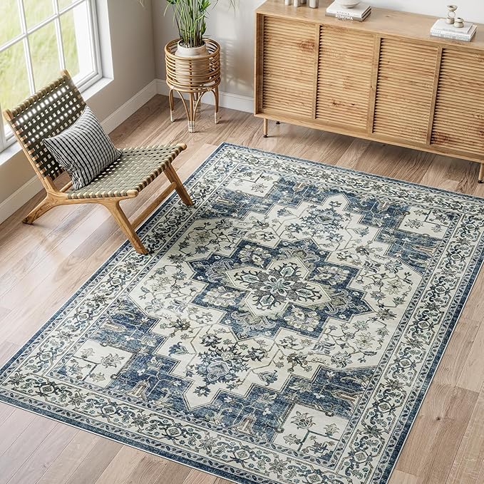 Dripex Vintage Washable Area Rug - 5x8 Distressed Rugs for Living Room Bedroom Oriental Medallion Floral Print Carpet Low-Pile Indoor Soft Non-Slip Accent Rug Farmhouse Office Home Decor